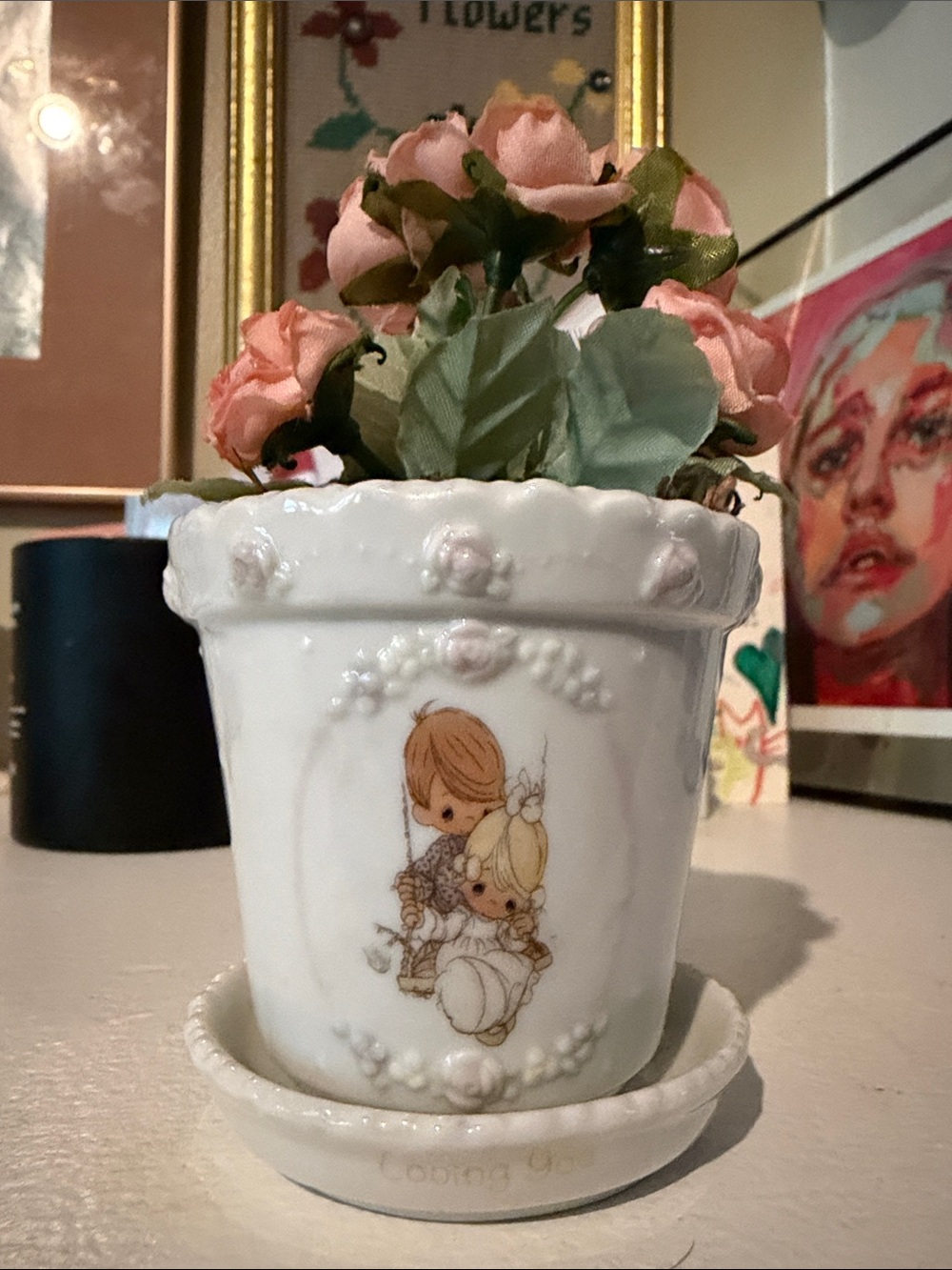 Precious Moments White Ceramic Planter with Pink Roses